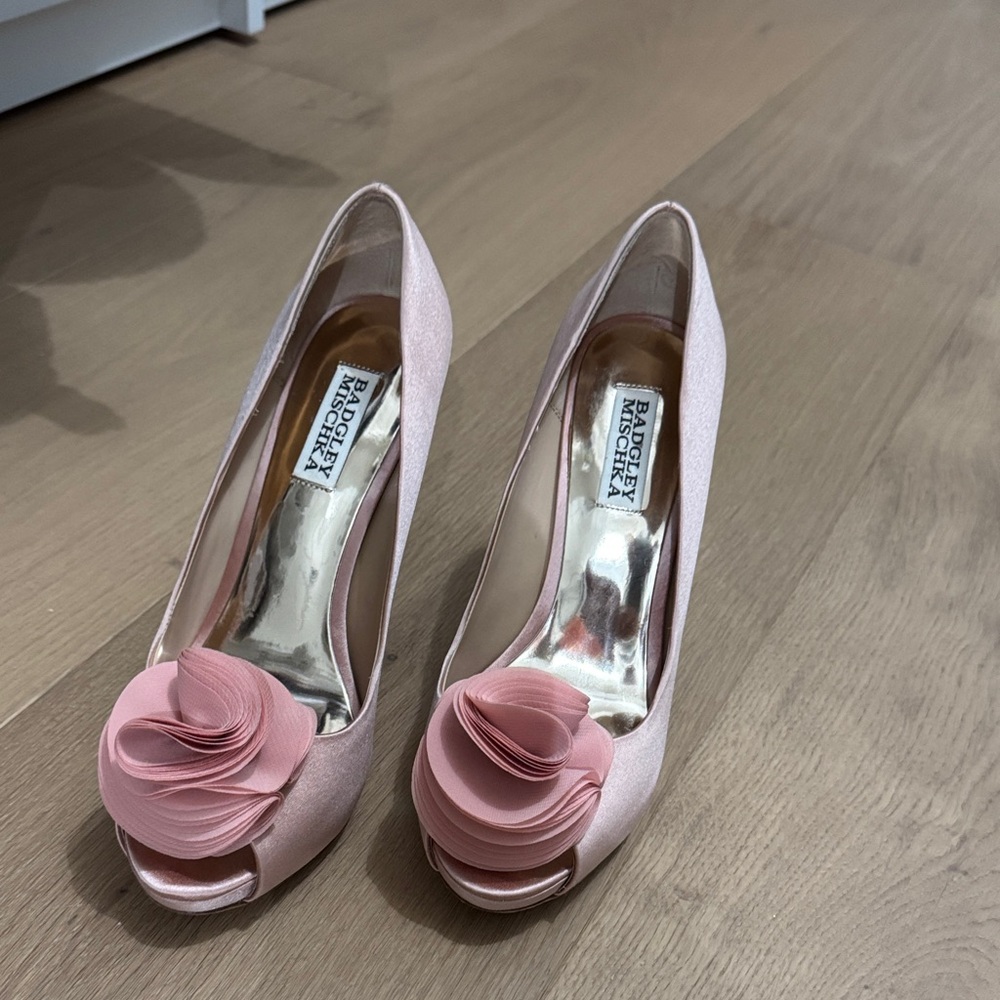 Badgley Mischka Blush Peep-Toe Heels with Floral Detail